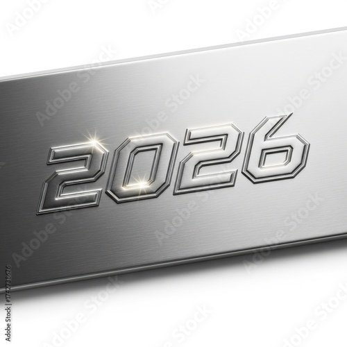 Metallic Display of Number 2026 in Shiny Silver with Bright Highlights and Sleek Design Elements