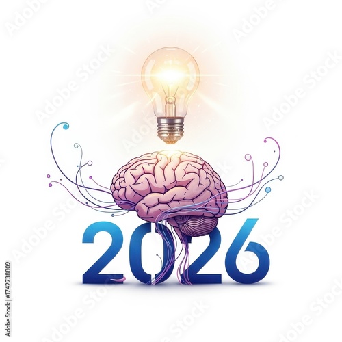 Creative Concept of Brain with Light Bulb Symbolizing Ideas and Innovation for Year 2026