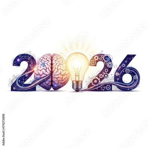 Creative Innovation Concept for Year 2026 with Brain and Light Bulb Symbolizing Ideas