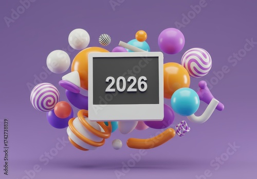 Colorful 3D Shapes with a Digital Frame Displaying the Year 2026 against a Purple Background