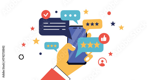 Customer feedback ratings and reviews displayed on a smartphone, modern design concept

