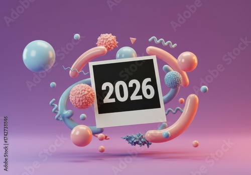 Creative 3D Illustration of Calendar Year 2026 Surrounded by Colorful Abstract Shapes and Elements