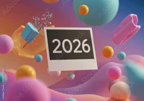 Colorful Abstract Composition with 2026 Calendar Display and Playful 3D Elements