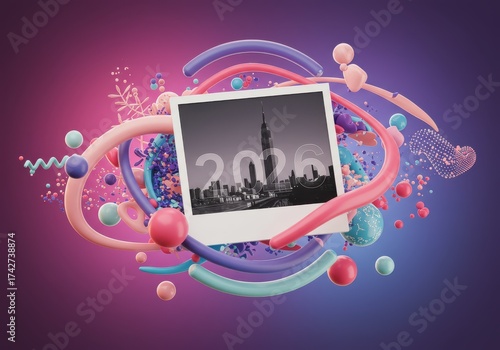 Abstract composition featuring city skyline photo frame and colorful swirling shapes on gradient background