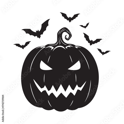 Spooky Halloween pumpkin with bats silhouette, perfect for invitations, decorations, and fall celebrations, originally a scalable vector graphic