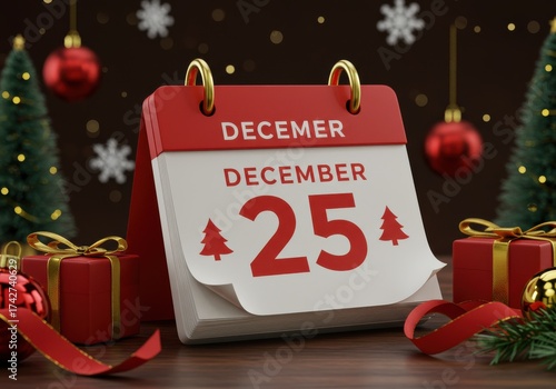 Christmas Calendar Showing December 25 with Gifts and Festive Decorations in Background