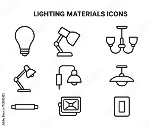Vector Lighting materials icons: lightbulb, desk lamp, chandelier, pendant light, switch illustrations