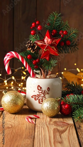 Festive Christmas Arrangement with Candy Cane and Ornaments.
