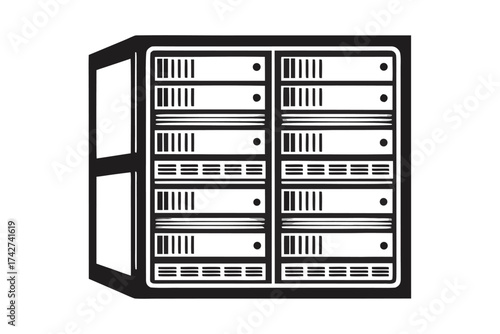Server Rack with Data Storage Units on White Background