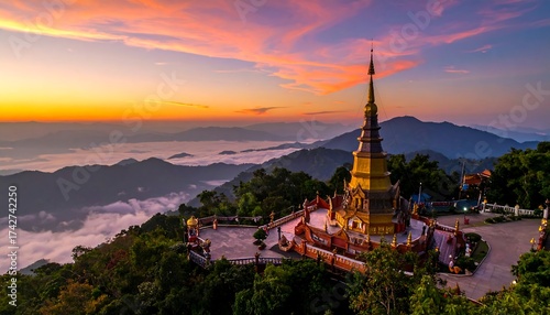 Golden temple atop a mountain peak at sunset, clouds below
