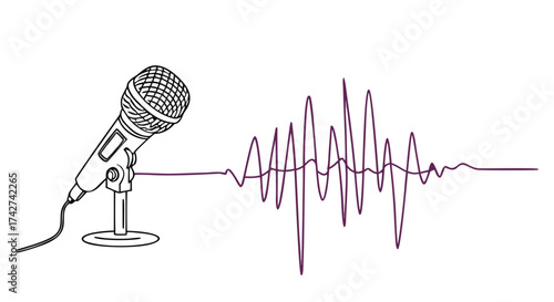 Dynamic microphone with sound waves, perfect for podcasting, radio, or music recording

