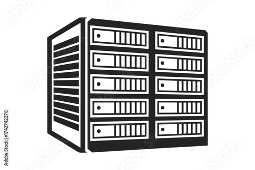 Server Rack with Multiple Data Storage Units on White