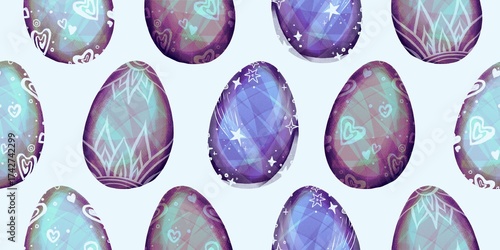 Magical seamless pattern of glossy purple and blue Easter eggs decorated with hearts, stars, and geometric patterns on light background, perfect for holiday designs.