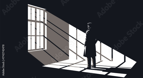 Man silhouette window light shadow dark monochrome vector art coat