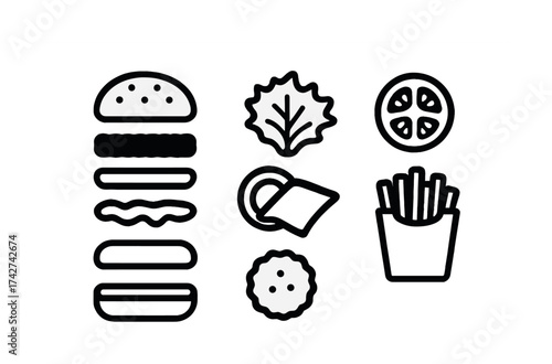 Vector Black and white burger icons: bun, patty, lettuce, tomato, fries