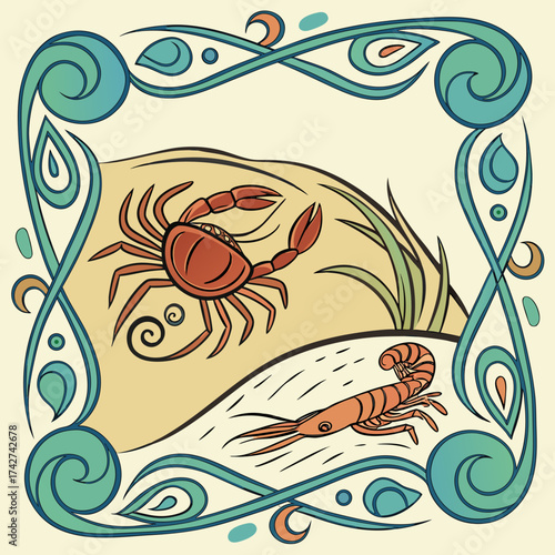 Vintage sea life illustration with crab and shrimp