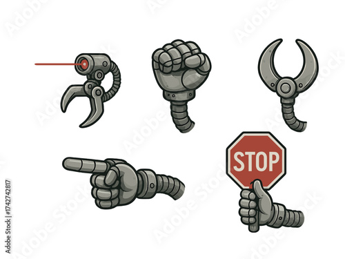 Vector Robotic arms with claw, fist, laser, pointing, and stop sign on white background