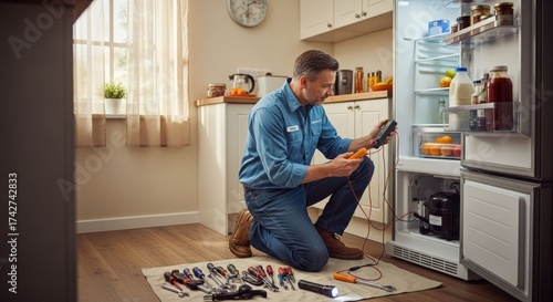Skilled technician diagnosing a refrigerator problem in a modern kitchen