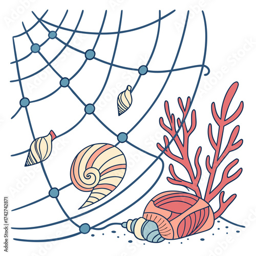 Seashells and coral caught in a blue fishing net