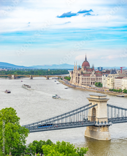 Széchenyi Chain Bridge - spans the River Danube between Buda and Pest in Budapest, Hungary.