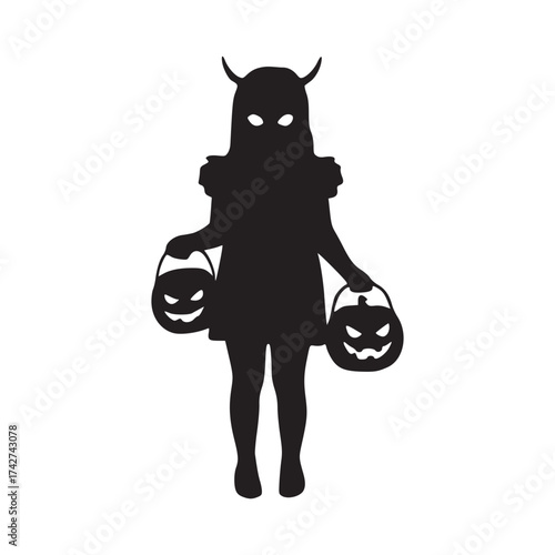 Spooky season delights with a devilishly cute trick-or-treater silhouette carrying pumpkin buckets, perfect for Halloween flyers and event invitations