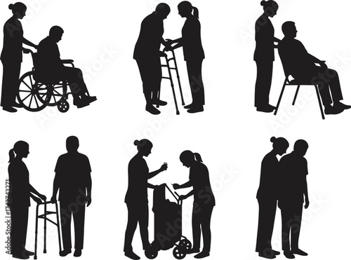 Caregiver silhouettes, assisting elderly and disabled people, mobility support with wheelchair and walker, healthcare teamwork, vector illustration design