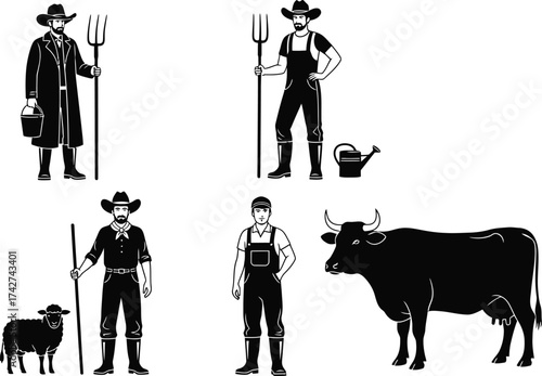 Farmers with cow and sheep vector illustration farm life rural work