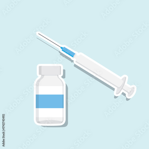 Vector illustration of syringe and vaccine vial. Vaccination concept medical and pharmacy