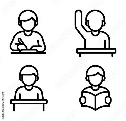 Vector Outline icons of students learning and engaging in classroom activities
