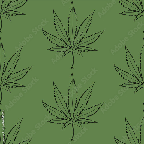 Seamless pattern with line black cannabis leaves. Hemp, leaf on green background. Seamless print with medical marijuana. Vector Illustration. Weed cannabis leaf seamless wallpaper.