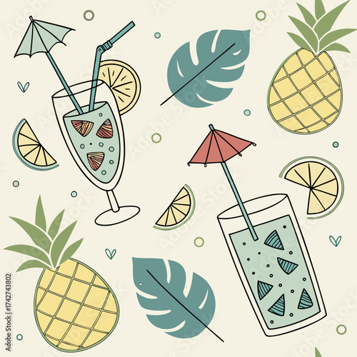 Illustration of summer cocktails and fruits with leaves on light background