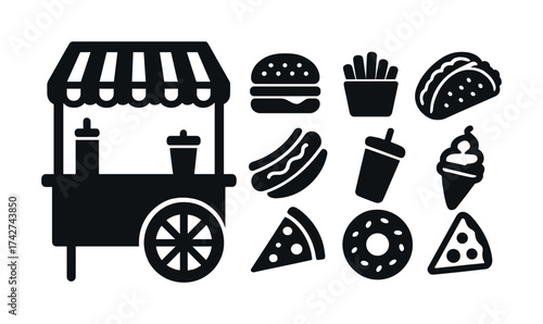 Vector Black and white fast food icons: cart, burger, fries, taco, hotdog, drink, ice cream, pizza, donut