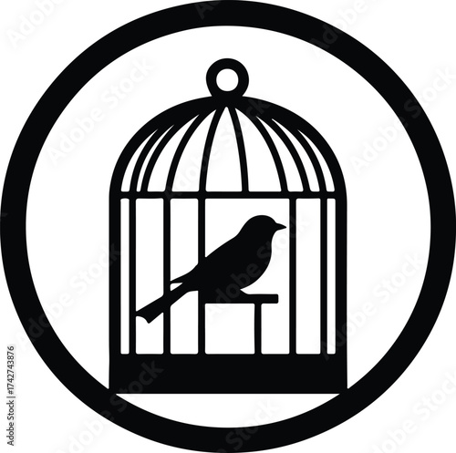 Illustrator Vector Bird in cage inside circle frame silhouette