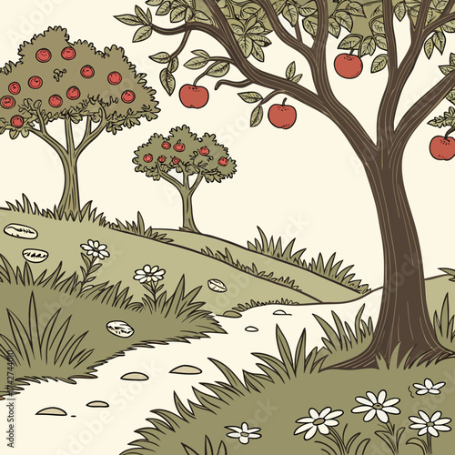 Illustration of apple trees in a field with a path