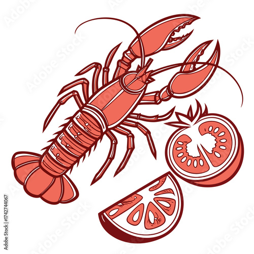 Illustration of a lobster with tomato slices