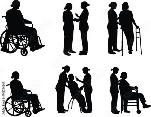 Healthcare silhouettes, medical staff assisting patients, wheelchair and walker support, caregiving teamwork concept, vector illustration design