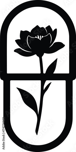 Illustrator Vector Flower inside pill shaped capsule minimalist concept silhouette