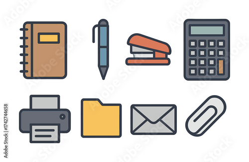 Vector Collection of office supplies icons: notebook, pen, stapler, calculator, printer, folder, envelope, paperclip