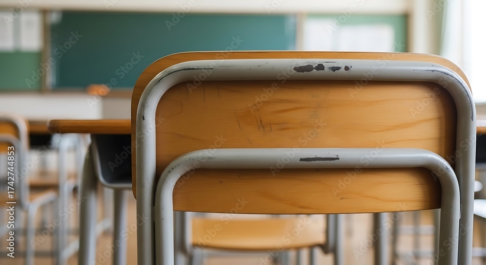 Fototapeta premium Empty Classroom Desks Awaiting Students for a New Day of Learning