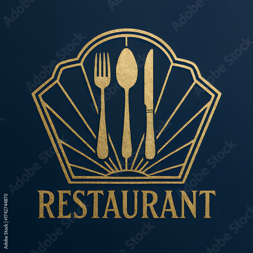 Elegant gold restaurant logo with fork, spoon, and knife in art deco style on dark background, symbolizing fine dining and luxury branding
