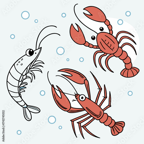 Cartoon illustration of various seafood