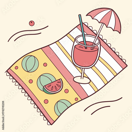 A refreshing drink and watermelon on a beach towel