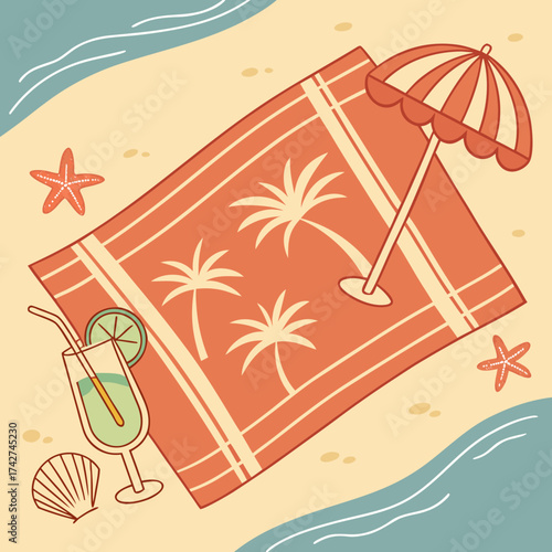 A delightful beach scene featuring a towel, umbrella, and refreshing drink
