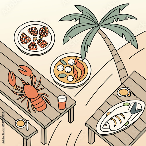 A delightful beachside feast with seafood and tropical palm tree scene