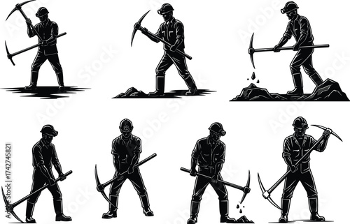 Miner silhouettes, workers with pickaxes, underground labor poses, industrial mining 