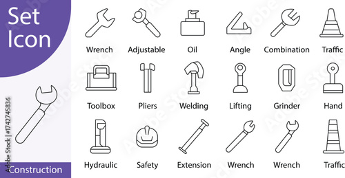 Construction Tools Icon Set: Wrench, Toolbox, Pliers, Welding, Safety Helmet, Traffic Cone - Outline Style Vector Graphics