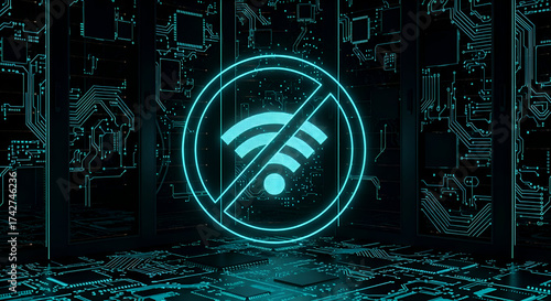 Forbidden Wifi Concept Depicted On A Circuit Board Background With Glowing Blue Details
