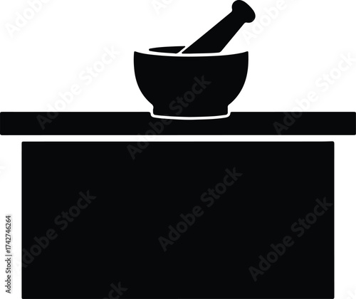 Illustrator Vector Mortar and pestle pharmacy preparation on table silhouette