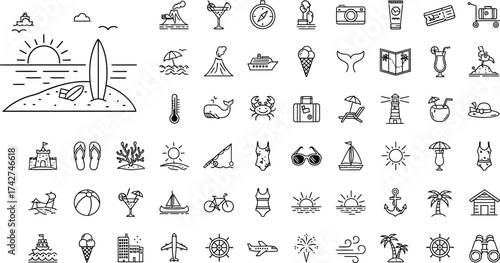 Summer vacation beach holiday travel icons vector illustration set