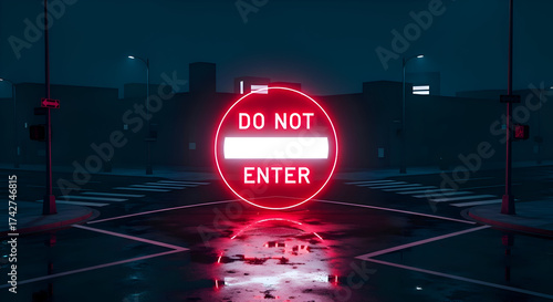 Illuminated Neon Street No Entry Signal Sign At Night Reflecting On Water